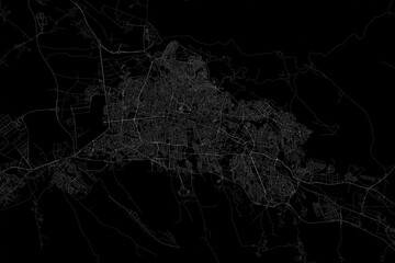 Stylized map of the streets of Tabriz (Iran) made with white lines on black background. Top view. 3d render, illustration