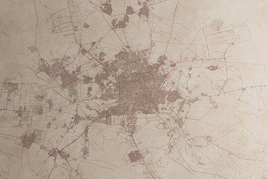 Map of Isfahan (Iran) on an old vintage sheet of paper. Retro style grunge paper with light coming from right. 3d render