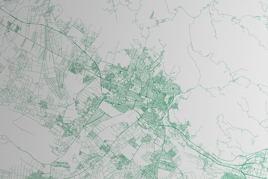 Map of the streets of Karaj (Iran) made with green lines on white paper. 3d render, illustration