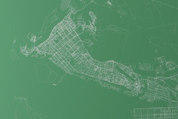 Stylized map of the streets of Abu Dhabi (UAE) made with white lines on green background. Top view. 3d render, illustration