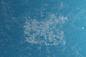 Map of the streets of Minsk (Belarus) made with white lines on blue paper. Rough background. 3d render, illustration
