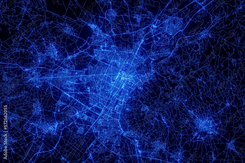 Wall mural Street map of Turin (Italy) made with blue illumination and glow effect. Top view on roads network