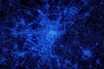 Street map of Turin (Italy) made with blue illumination and glow effect. Top view on roads network