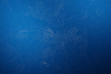 Stylized map of the streets of Kemerovo (Russia) made with white lines on abstract blue background lit by two lights. Top view. 3d render, illustration