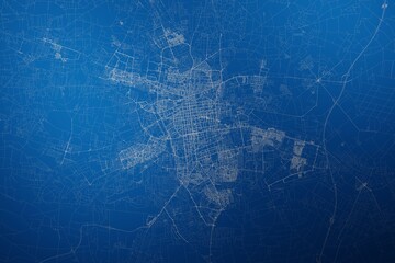 Stylized map of the streets of Lodz (Poland) made with white lines on abstract blue background lit by two lights. Top view. 3d render, illustration - obrazy, fototapety, plakaty