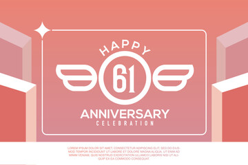 61th year anniversary design letter with wing sign concept template design on pink background