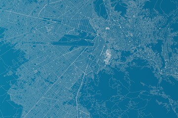 Map of the streets of La Paz (Bolivia) made with white lines on blue background. 3d render, illustration