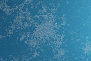 Map of the streets of Campinas (Brazil) made with white lines on blue paper. Rough background. 3d render, illustration