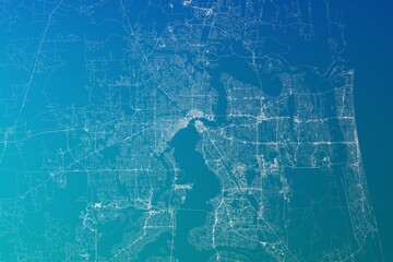 Map of the streets of Jacksonville (Florida, USA) made with white lines on greenish blue gradient background. 3d render, illustration