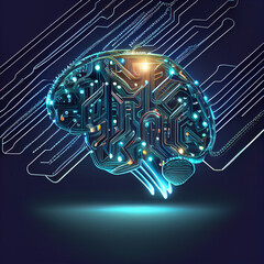 Digital brain with computer circuit board on blue background. Abstract technology, psychology, electronic concept, ai machine learning, education and future technology science with artificial brain