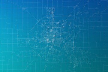 Map of the streets of Decatur (Illinois, USA) made with white lines on greenish blue gradient background. 3d render, illustration