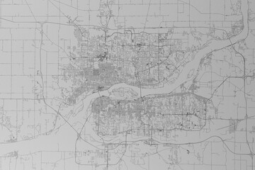 Map of the streets of Davenport (Iowa, USA) made with black lines on grey paper. Top view. 3d render, illustration