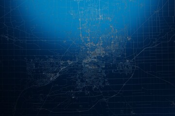 Street map of Fort Wayne (Indiana, USA) engraved on blue metal background. View with light coming from top. 3d render, illustration