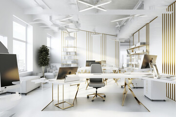 Luxury white workspace office decorated with industrial loft modern interior design with white tones. background design with paint brush and gold line art. made with AI generative.