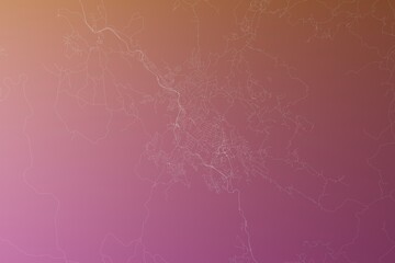 Map of the streets of Mbabane (Eswatini) made with white lines on pinkish red gradient background. Top view. 3d render, illustration