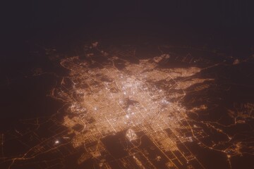 Aerial shot of Riyadh (Saudi Arabia) at night, view from north. Imitation of satellite view on modern city with street lights and glow effect. 3d render - obrazy, fototapety, plakaty