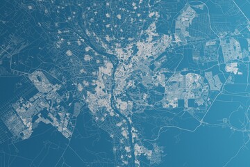 Map of the streets of Cairo (Egypt) made with white lines on blue paper. Rough background. 3d render, illustration