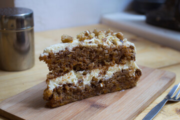 Carrot cake is a sweet cake with mashed carrots mixed into the batter. The carrot softens in the baking process, and the cake usually has a dense, smooth texture.