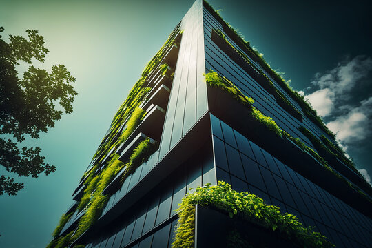 Eco-friendly green building with vertical garden design for sustainability . Peculiar AI generative image.
