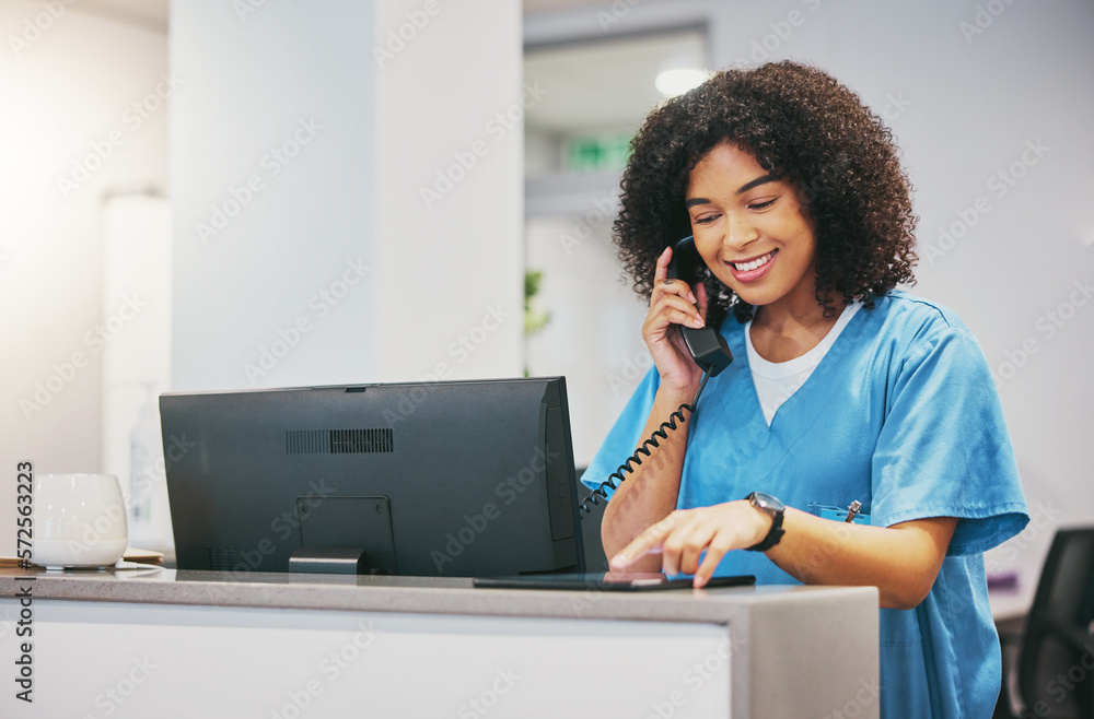 Poster Nurse, phone call and tablet of black woman at hospital with a smile. Clinic doctor, healthcare worker and networking of a young person happy about work conversation and health insurance talk