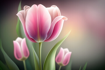 Beautiful pink tulips on a blurry background. Spring background. Generative AI
