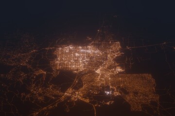 Aerial shot of Albuquerque (New Mexico, USA) at night, view from north. Imitation of satellite view on modern city with street lights and glow effect. 3d render