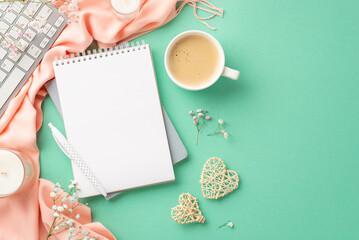 Spring business concept. Top view photo of notepads pen keyboard cup of frothy coffee two rattan...