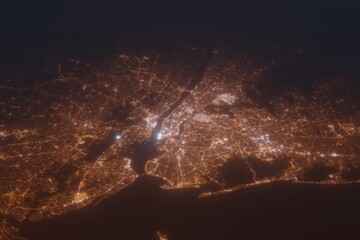 Aerial shot of New York City at night, view from south. Imitation of satellite view on modern city with street lights and glow effect. 3d render
