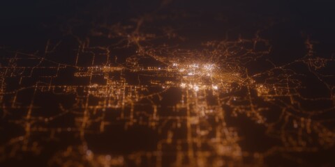 Street lights map of Helena (Montana, USA) with tilt-shift effect, view from north. Imitation of macro shot with blurred background. 3d render, selective focus