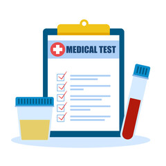 Medical test report with urine and blood samples in flat design on white background.