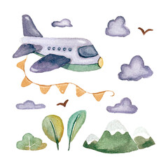 Watercolor illustration of an airplane in the sky, over the mountains