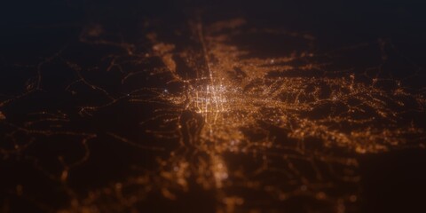 Street lights map of Ulanbaatar (Mongolia) with tilt-shift effect, view from east. Imitation of macro shot with blurred background. 3d render, selective focus