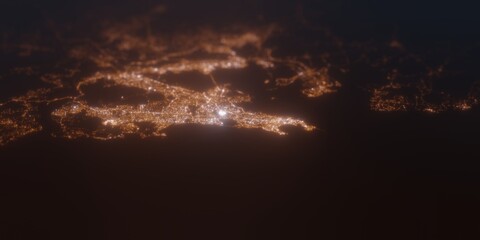 Street lights map of Mumbai (India) with tilt-shift effect, view from west. Imitation of macro shot with blurred background. 3d render, selective focus