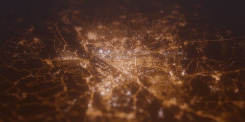 Street lights map of Damascus (Syria) with tilt-shift effect, view from west. Imitation of macro shot with blurred background. 3d render, selective focus