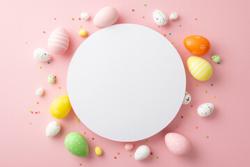 Easter decorations concept. Top view photo of empty white circle colorful easter eggs and sprinkles on isolated pastel pink background with blank space