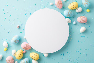 Easter decor concept. Top view photo of ordered composition white circle yellow blue pink easter eggs and sprinkles on isolated pastel blue background with empty space