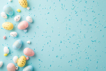 Easter celebration concept. Top view photo of colorful easter eggs and scattered sprinkles on isolated light blue background with blank space