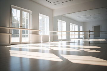 Empty ballet classroom with large windows.Photorealistic image created by AI - obrazy, fototapety, plakaty