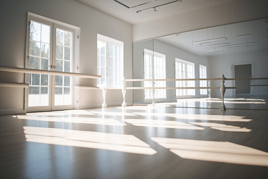 Empty ballet classroom with large windows.Photorealistic image created by AI