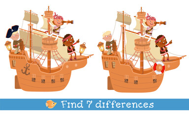 Find 7 hidden differences. Educational puzzle game for children. Cute child pirates on wooden old ship. Vector illustration in cartoon style.
