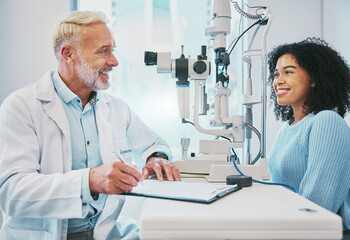 Eye exam, consulting and smile with doctor and black woman for healthcare, ophthalmology and...