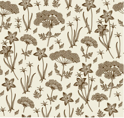 Seamless pattern fabric. Beautiful blooming realistic isolated flowers. Vintage background. Set Croton Hemlock fern wildflowers. Wallpaper baroque. Drawing engraving. Vector victorian illustration. © Наталья Лобенко