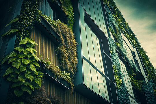 Eco-friendly green building with vertical garden design for sustainability . Peculiar AI generative image.