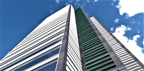 Bright blue sky with clouds above the newly built contemporary tall skyscraper with day illumination. 3d rendering.