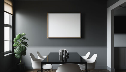 Modern meeting room with blank poster on gray wall, made with AI generative