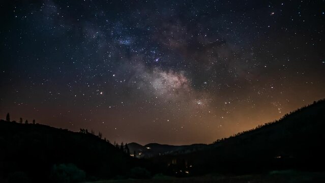 Timelapse of starry sky at night. Milky way is visible in the darkness. Evidence of Earth rotation