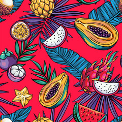 pattern of juicy tropical fruits and palm leaves, Sketch for print on fabric, especially on bag, accessories and design, hand draw colorful fruit mix, summer vibes - obrazy, fototapety, plakaty