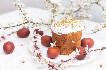 Easter composition. A blooming apricot branch, painted eggs and a glazed Easter cake decorated with sugar sprinkles