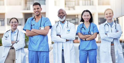 Diversity, proud and doctors portrait in healthcare service, hospital integrity and teamwork or...