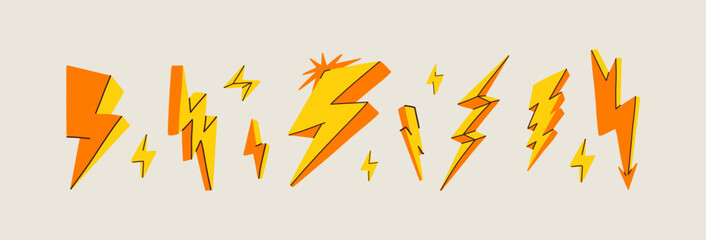 Yellow flash impulse different shapes. Free energy illustration. 3d lightnings in trendy retro style. Sale price vector concept. Electricity dynamic abstract splashes. All items are isolated
